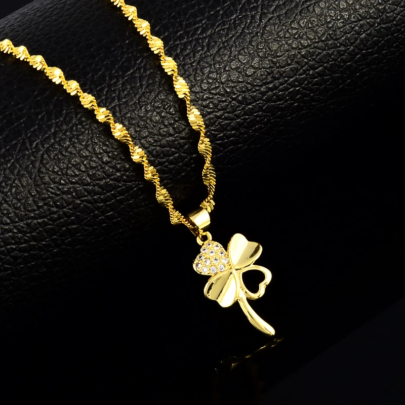 24K Gold Water Wave Chain Necklaces For Women Gold Color Four-Leaf Clover Pendant Necklaces Fashion Jewelry