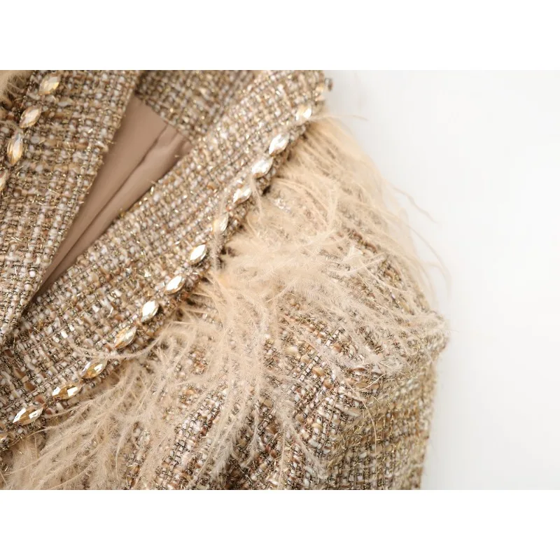 Women Beige Tweed Two Piece Set Feather Trim Rhinestone Cropped Jacket Midi Skirt Elegant Party Suit image 4