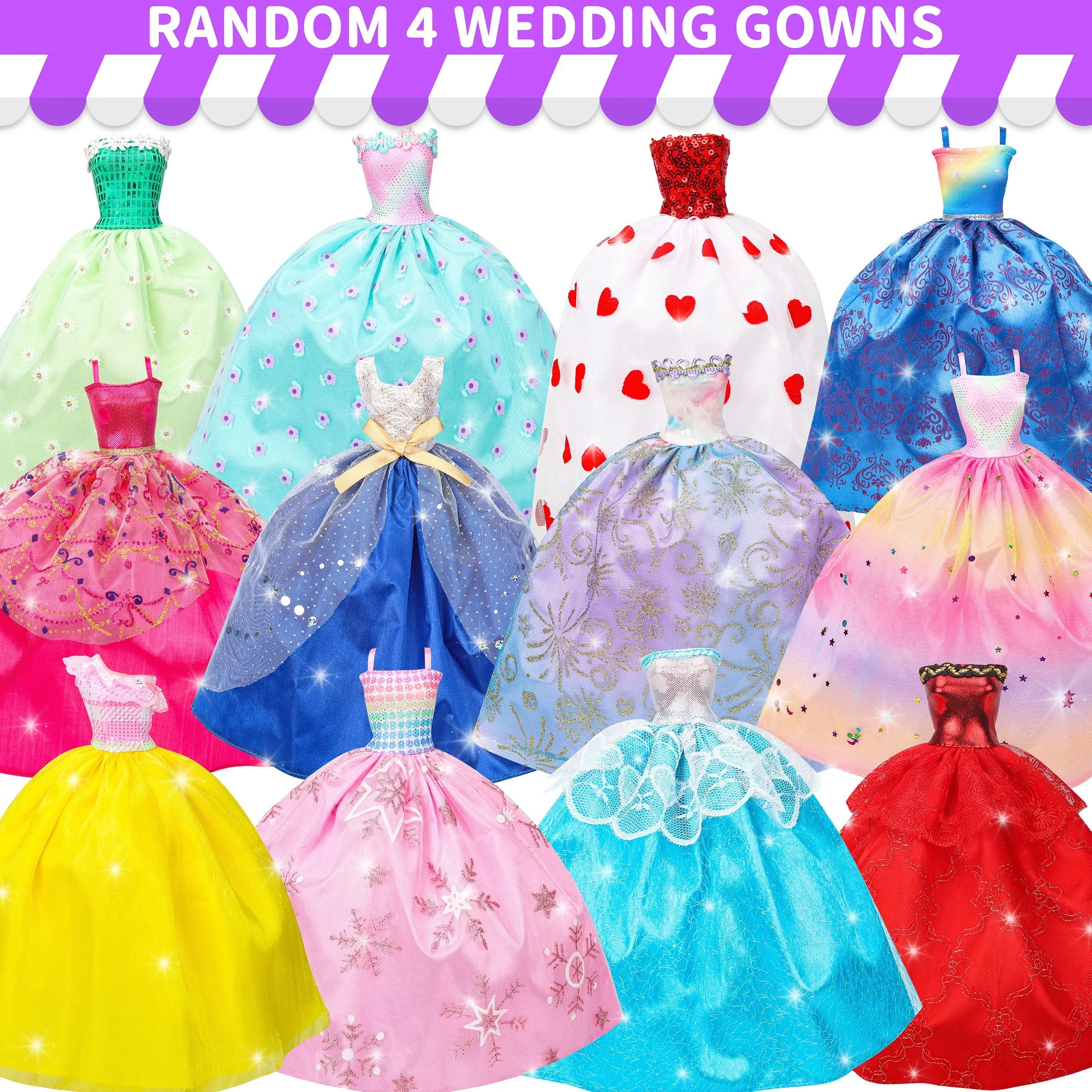 70pcs Doll Clothes and Accessories Includes Random 4 Wedding Gowns 2 Evening Dresses 16 outfit, 48 Accessories-Girl's Gift