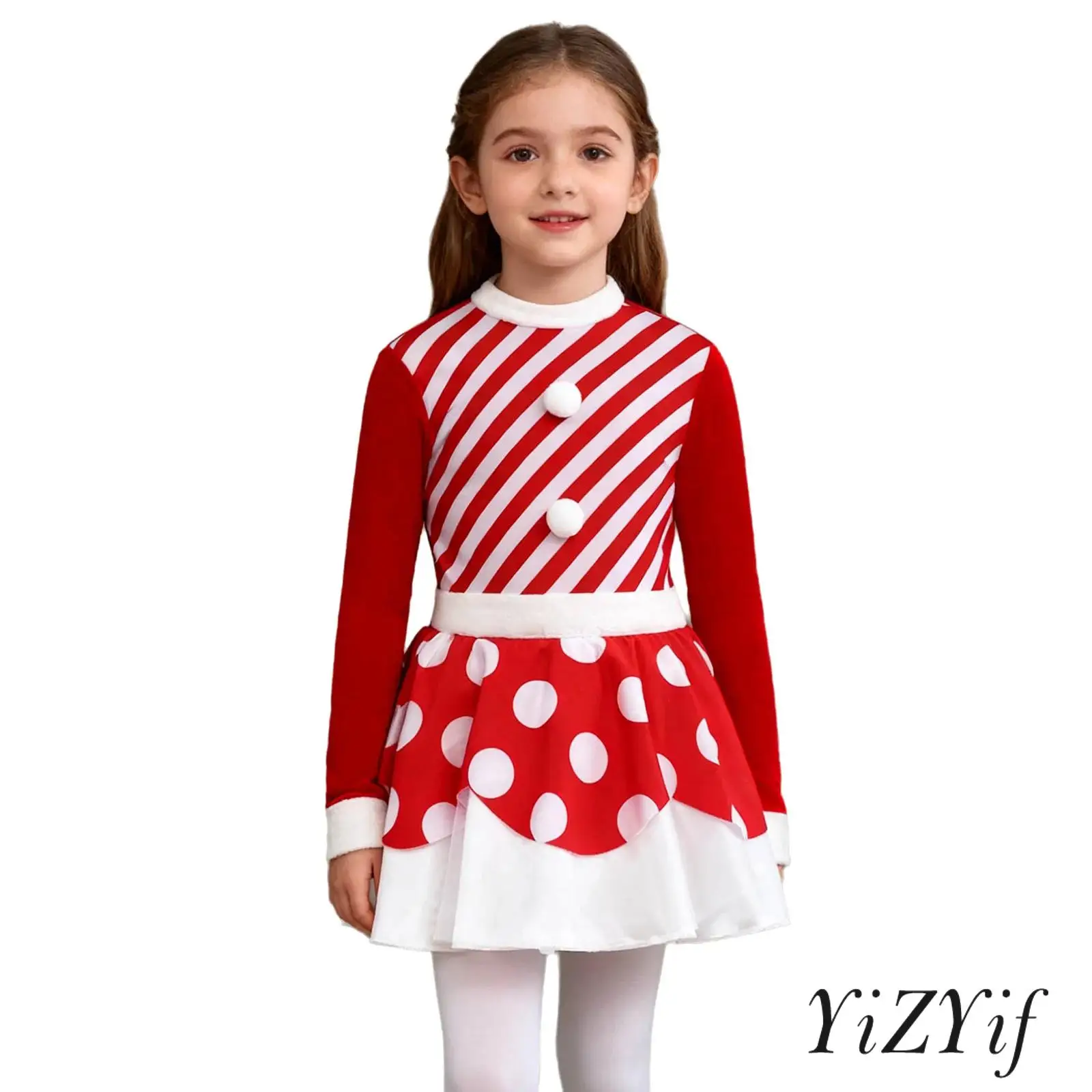

Girls Candy Cane Striped Santa Dress Long Sleeve Pompom Back Invisible Zipper Christmas Holiday Tutu Dress with Built-In Briefs