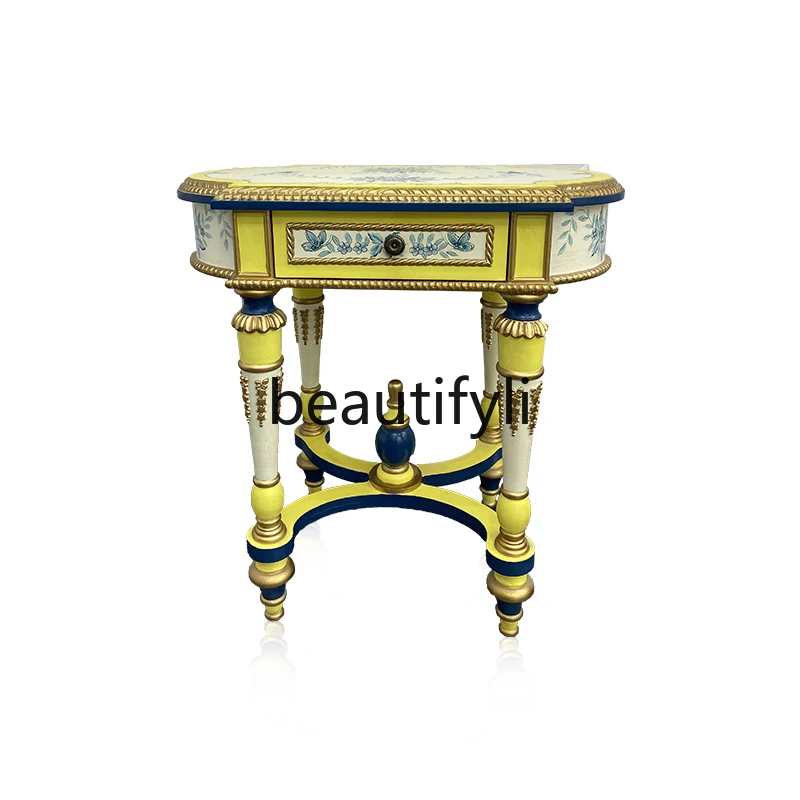 

European painted solid wood edge few flower stand French birch sofa side table villa high-end hand-painted corner few