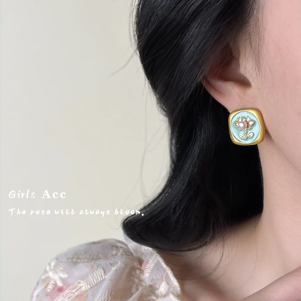 Vintage Fashion Handmade Monet Garden Oil Painting Drop Oil Earrings French Light Luxury Freshwater Pearl Dangle Earring Jewelry