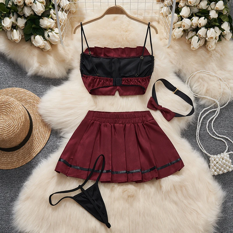 Skirt Bow Sleeveless Camisole Crop Top Sexy Lingerie 2-piece Set Short Hotsweet Cosplay Suits Women Youthful Contrast