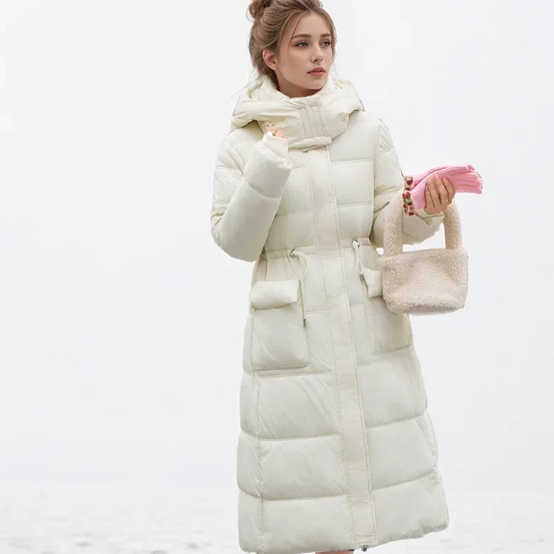 

2025 Women's New Padded Jacket Female Hooded 2 Pocket Thicken Warm Long Cotton Jacket Women's Pure Collor Parkas Coats 2025 New