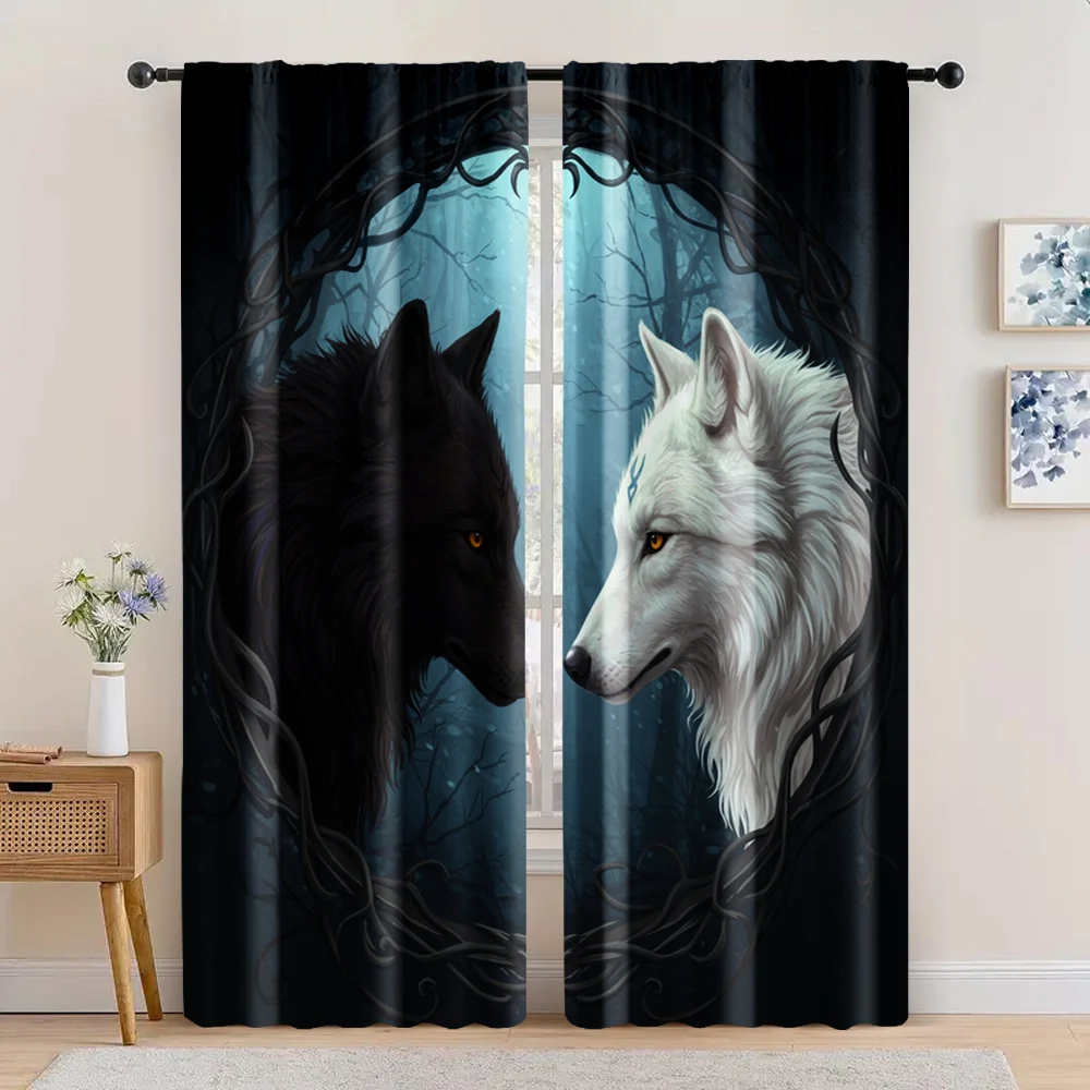 

2pcs, spring summer Curtains Two wolves black and white Yarn Curtains Versatile Durable Polyester Gifts Perfect for Kitchen