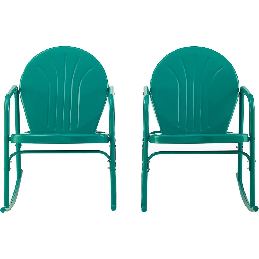 زوج من كراسي الهزاز المعدنية ذات الطراز القديم للمساحات الخارجية بلمسة نهائية لامعة باللون الفيروزي