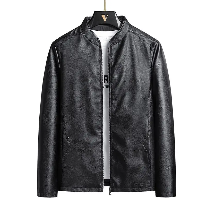 Men's Motorcycle PU Leather Jacket Spring New Thin Stand-up Collar Slim Handsome Top