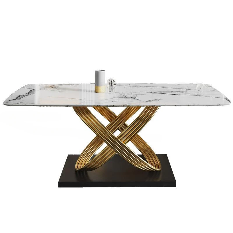 

Modern Dining Table Nordic Stainless Steel Finish Black White Desk Top Six People Home Rectangle Luxury Marble Kitchen Table