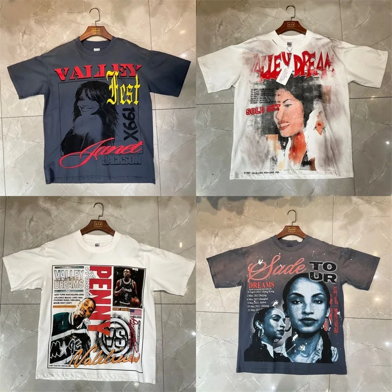 

Реальные фотографии VALLEY Женские рубашки с портретным принтом Мужские футболки большого размера Vale в американском стиле