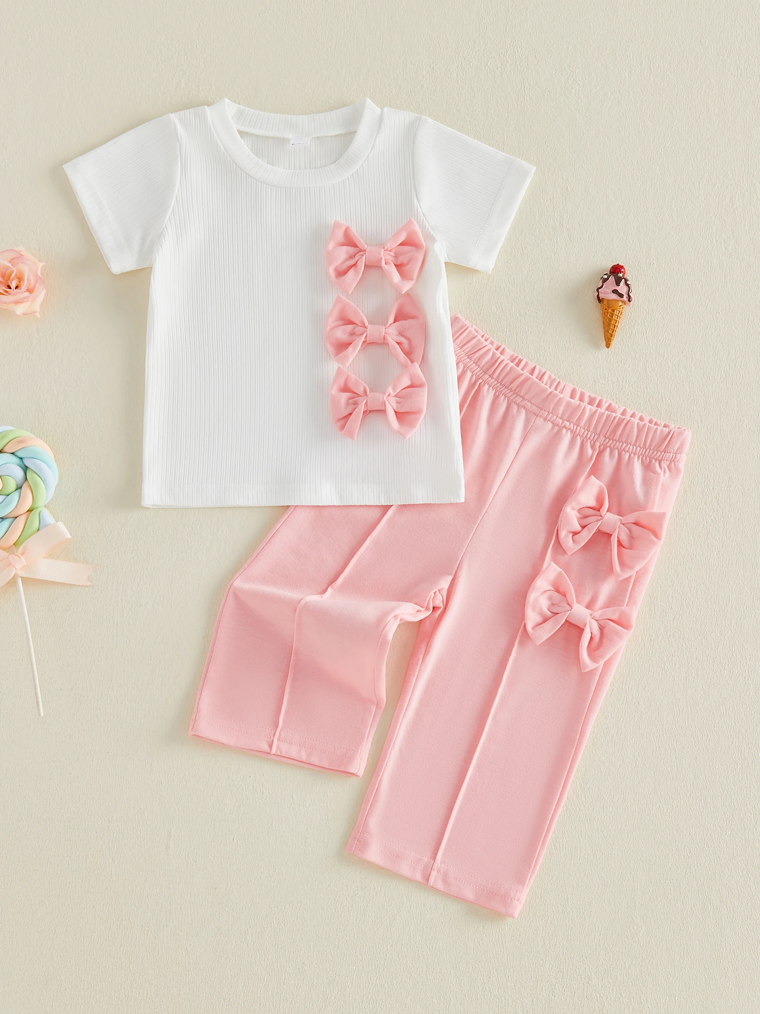 

Очаровательная летняя одежда для маленьких девочек с милыми бантиками, рубашка с круглым вырезом и короткими рукавами, брюки, комплект из 2 предметов для повседневной носки