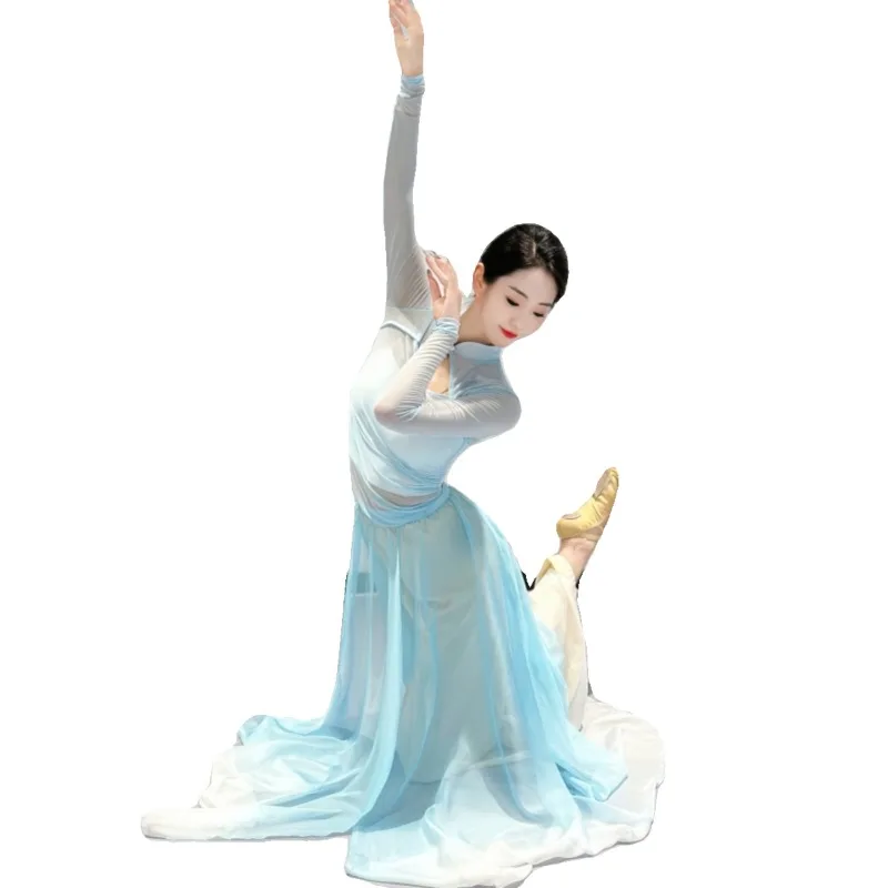 Classical Dance Stand Collar Stretch Gauze Blue Dance Practice Costume Ethnic Pants Skirt Flowing Women's Performance Costume