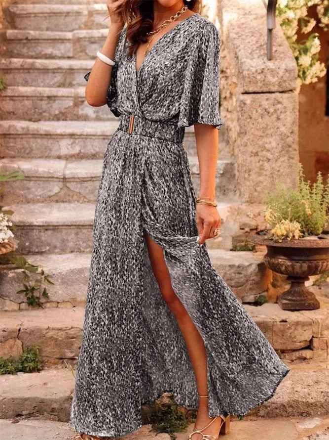 New Spring Summer Printed Dress Short-sleeved Deep V-neck Slimming Waist Mid-length Skirt Temperament Full Slit Dress