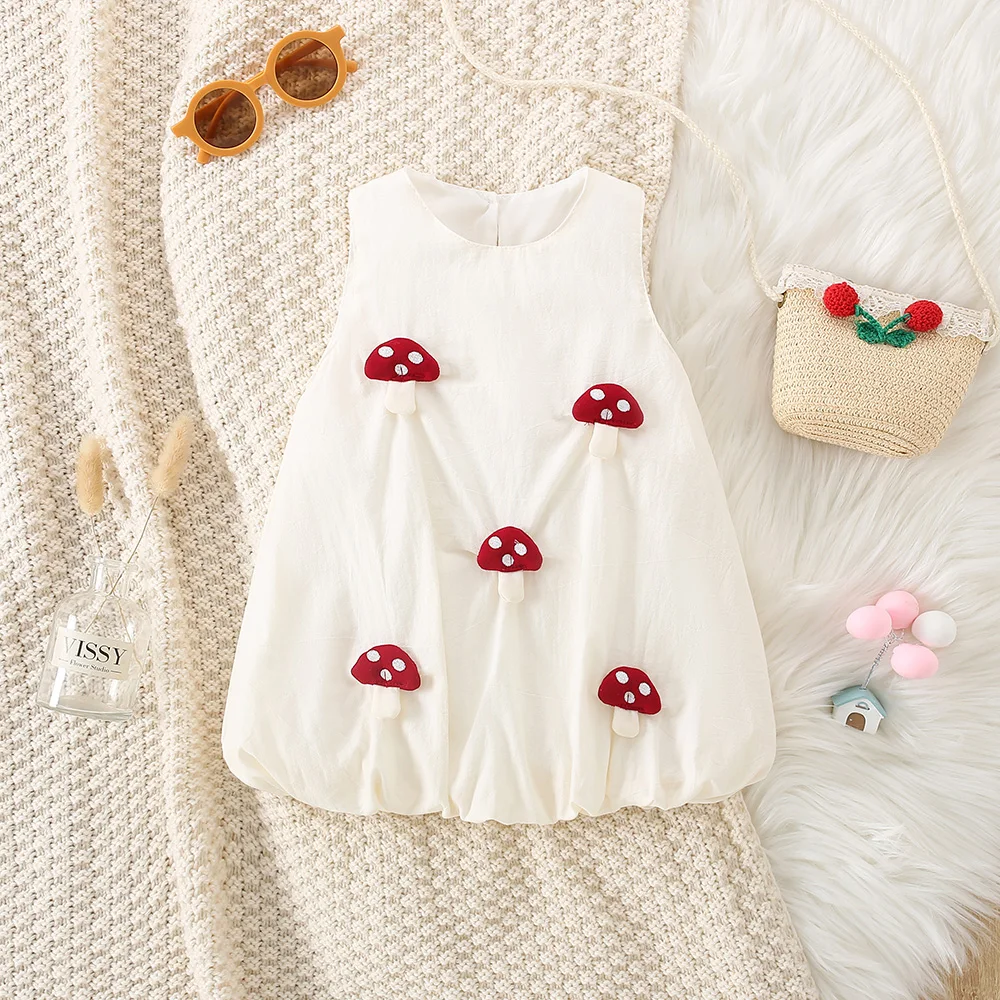 Summer baby girl dress 0-3 years old 3D mushroom strawberry pleated cotton sleeveless princess dress