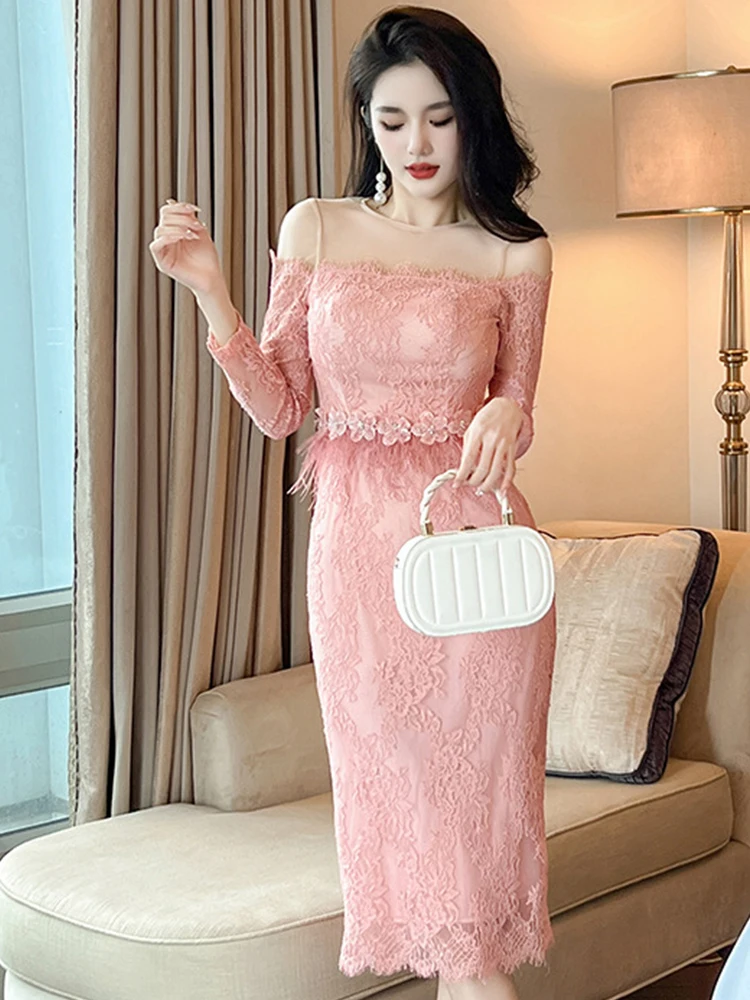 Mode Rosa Spitze Lange Abendkleid Frauen Damen Kleidung Chic Süße Sexy Oansatz Schlank Midi Party Prom Robe Femme Mujer Vestidos