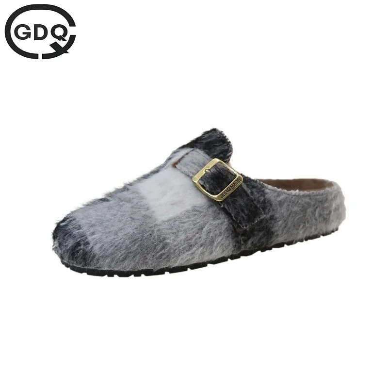 

GDQQ Fashion Leopard Fur Slippers for Women 2024 Winter Indoor and Outdoor Fluffy Slippers Belt Buckle Design Women's Home Shoes