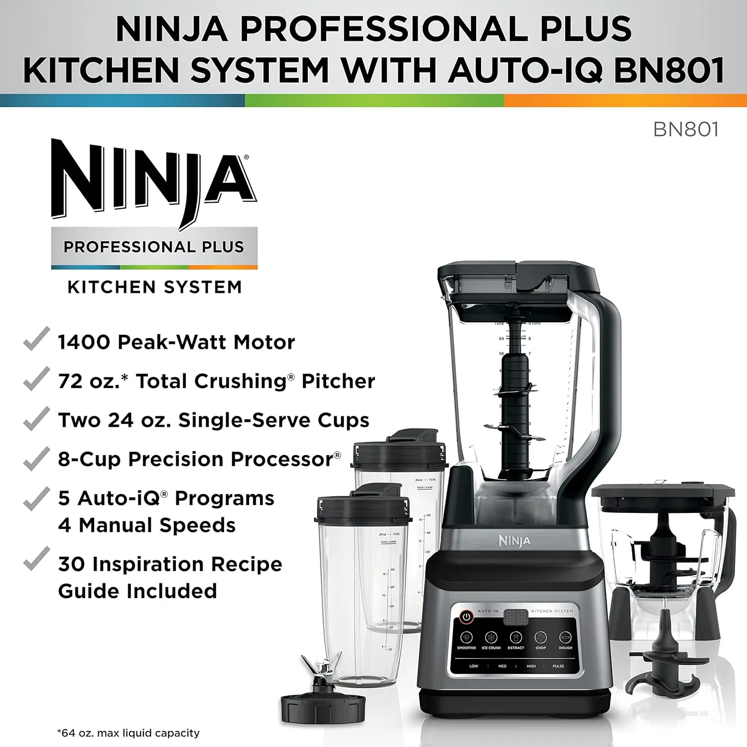 Профессиональная кухонная система Ninja BN801 Plus, 1400 WP, 5 функций для смузи, измельчения, теста и многого другого с автоматическим IQ, 72 унции