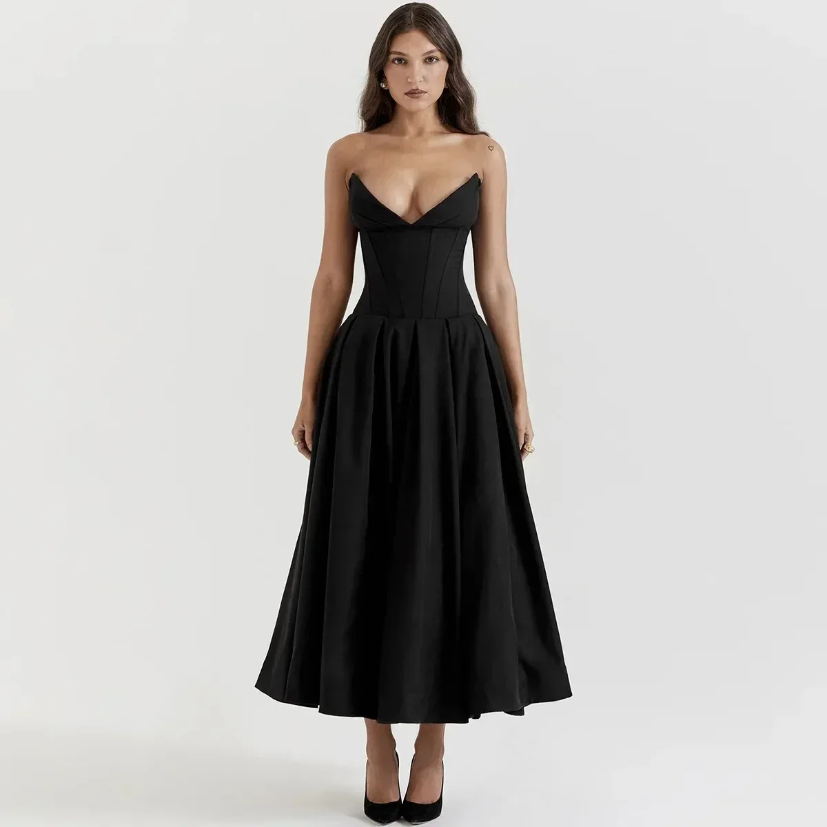 Schwarzes, elegantes Kleid für Hochzeitsveranstaltungen, sexy trägerloses Korsettkleid, Midi-Weihnachtsfeierkleider für Damenbekleidung