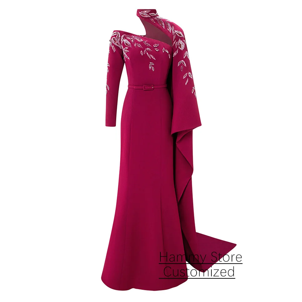 ชุดราตรีแบบอาหรับพร้อมผ้าคลุมไหล่แบบสั่งตัด แขนยาวข้างเดียว ประดับลูกปัดและเลื่อม ทรงเมอร์เมด พร้อมชายกระโปรงยาว