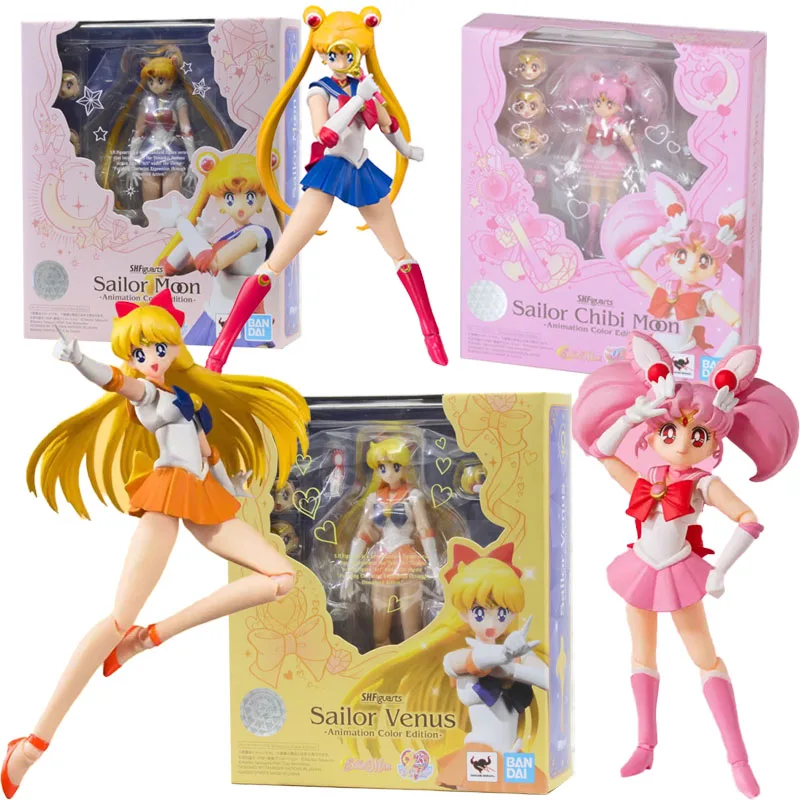 Bandai Genuine Figure Sailor Moon Anime SHF Sailor Chibi Moon Venus Animation Color Collection Model Aciton Figure Kids Toys