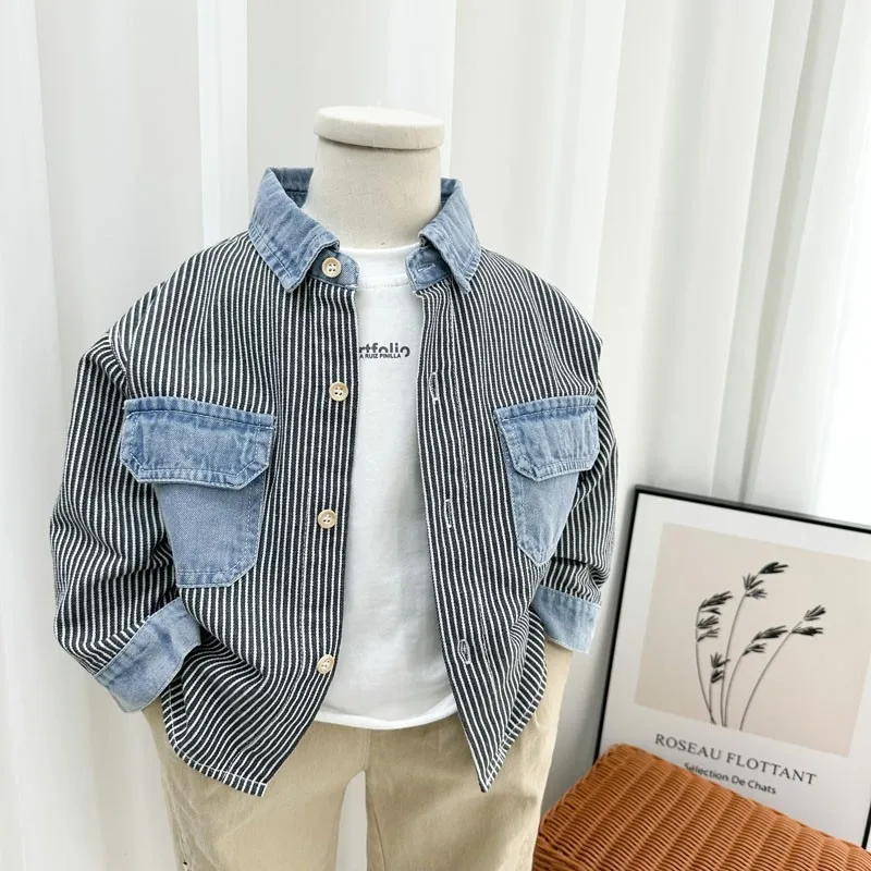 

Kids Boys autumn thin jacket new children's striped patchwork shirt baby casual coat 90-140cm