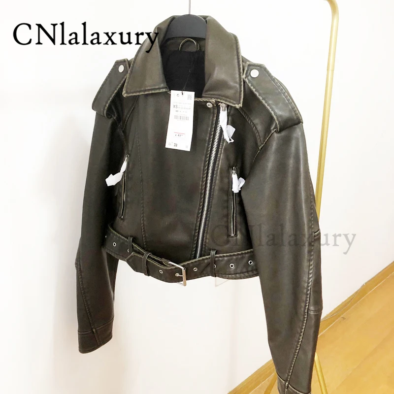 CNlalaxury Women Green Faux Leather Belt Jacket Vintage Leather Buckle Zipper Pockets 2024 Spring Female Short Outerwear