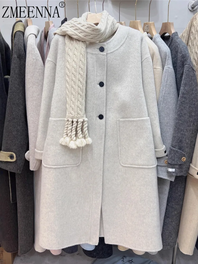 

ZMEENNA женское полушерстяное пальто со съемным вязаным шарфом и круглым вырезом, однобортная теплая зимняя верхняя одежда бежевого цвета ZM4408