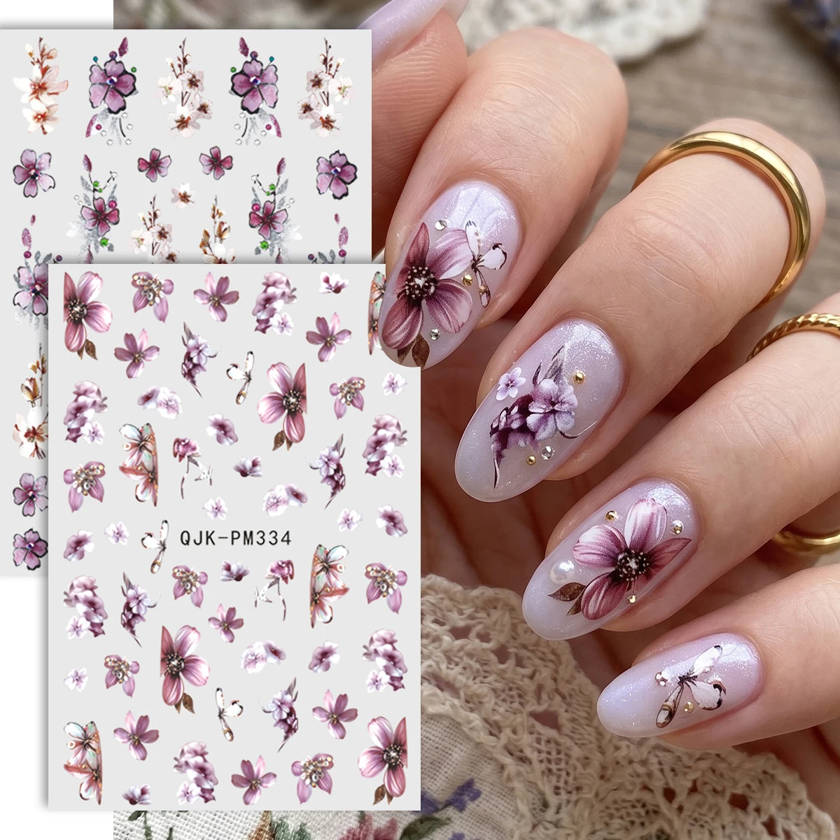 2 Sheets Autumn Winter Retro Flower Nail Stickers, Elegant Purple Floral French Nail Art Decals, DIY Nail Decoration Supplies