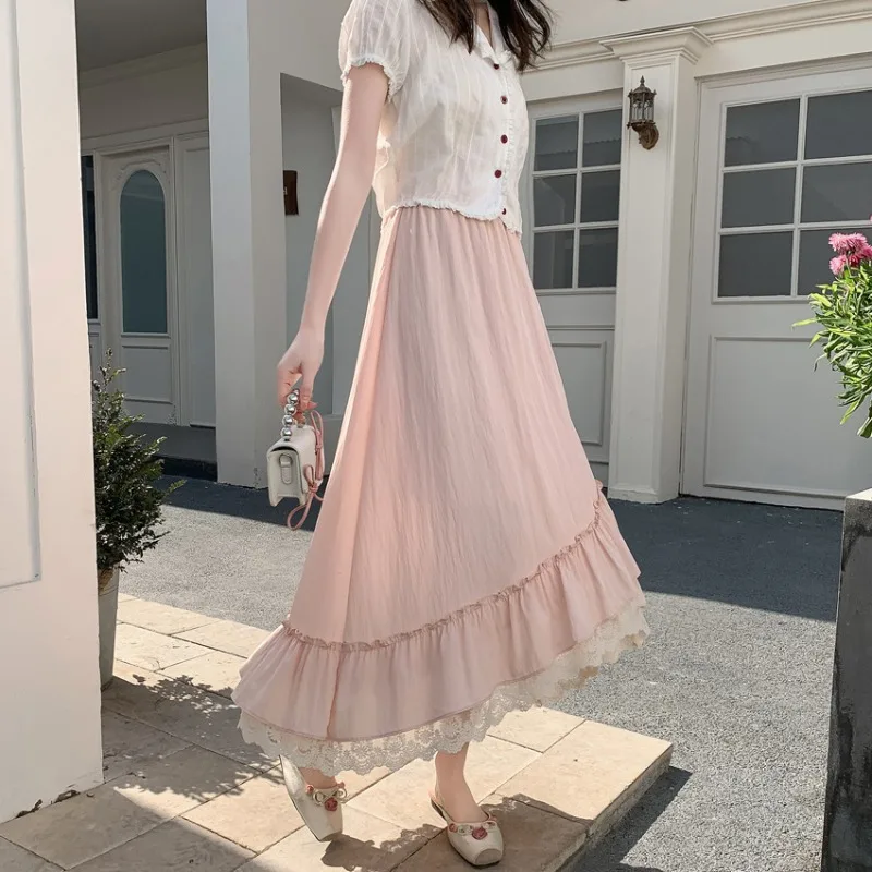 

2025 New Casual Elegant Pink Lace Trim A-Line Skirt Spring Summer Women's Asymmetrical Flared Hem Maxi Swing Draped Sweet Skirts