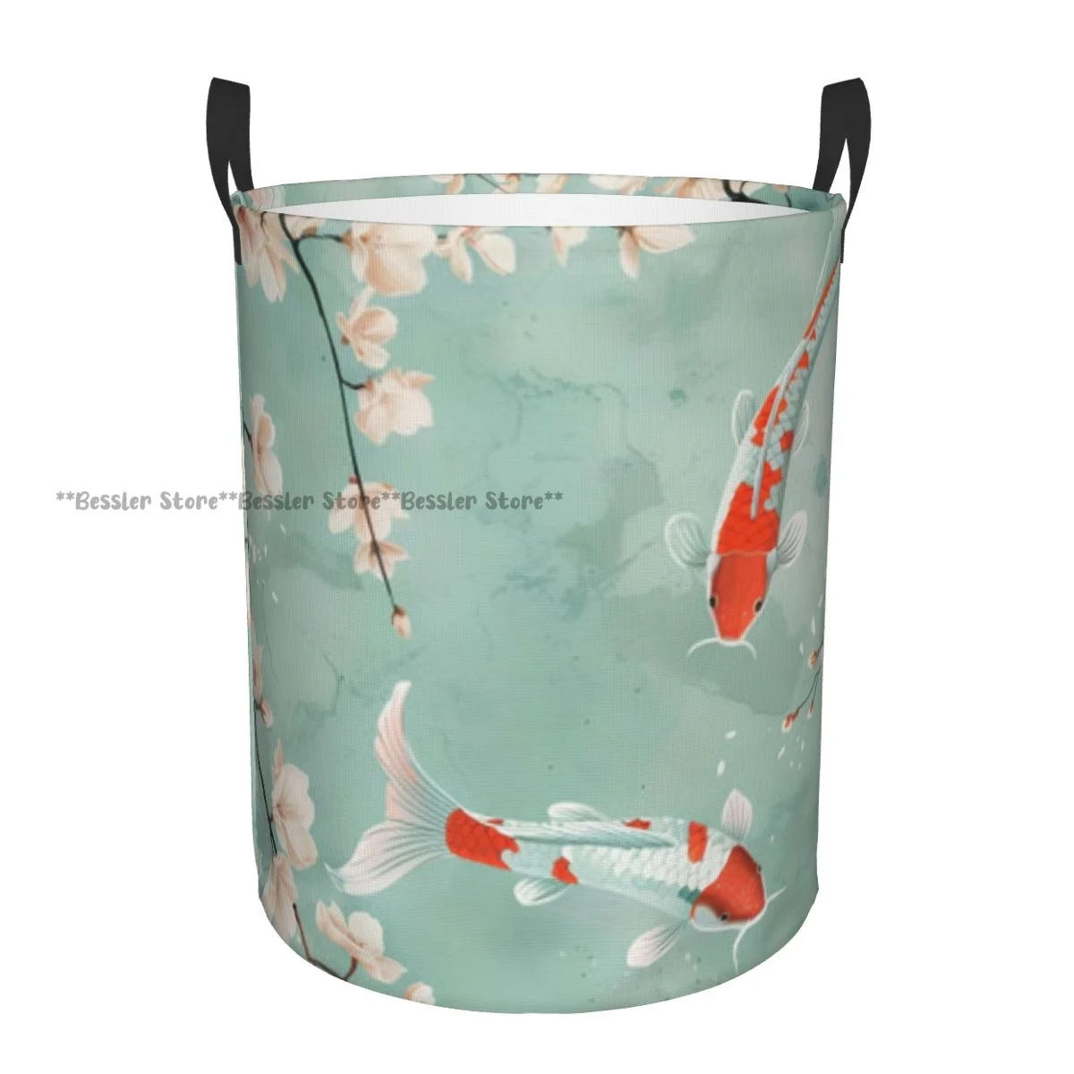 Folding Laundry Basket Cherry Blossoms And Koi Fish Round Storage Bin Collapsible Hamper Clothes Bucket Organizer