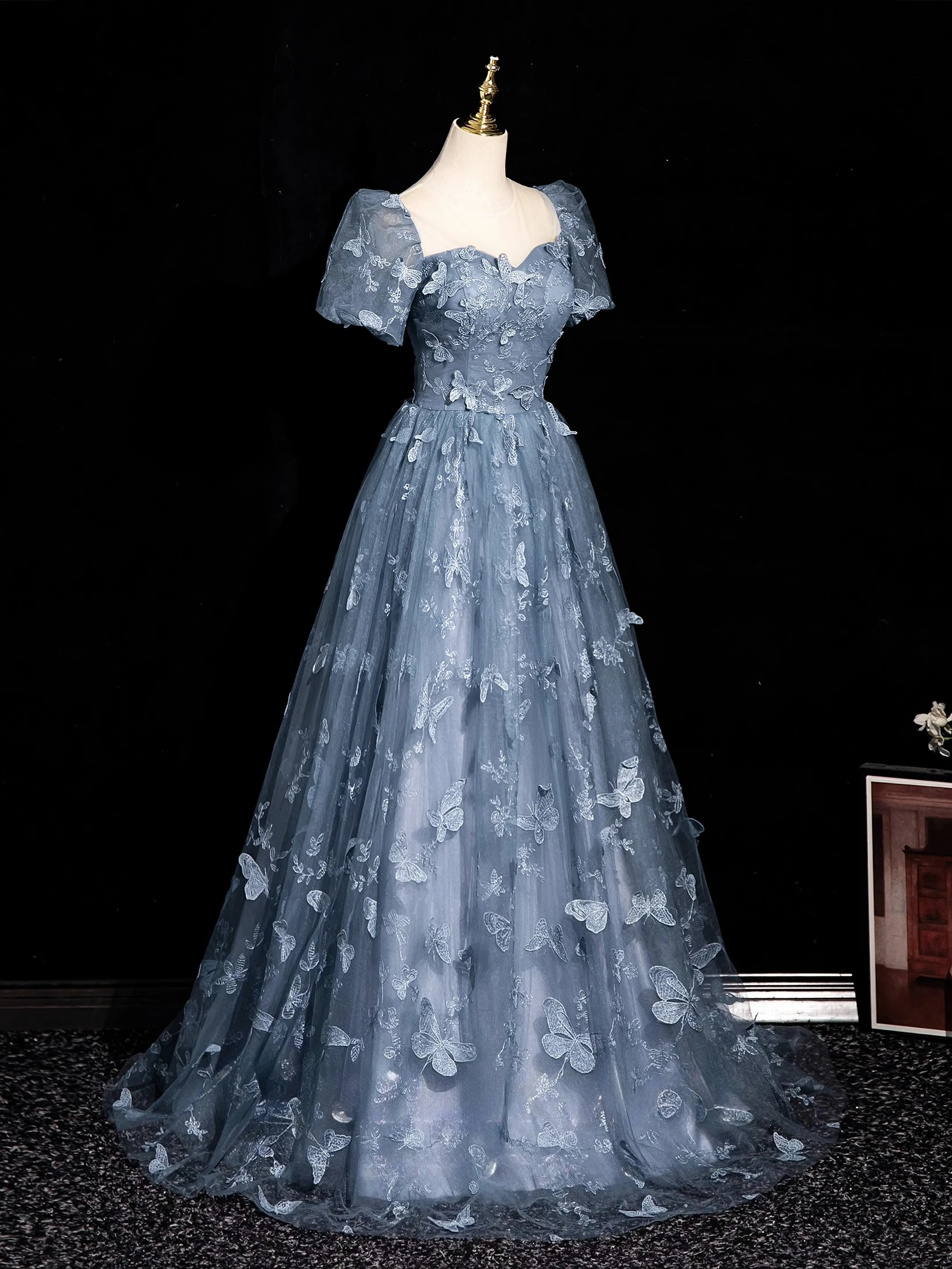 Women's Tulle 3D Butterfly Prom Dress Formal Evening Party Blue Adult Ceremony Birthday Graduation Gown