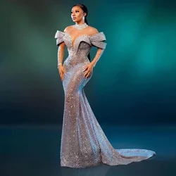 Aso Ebi Evening Dress Crystals abito da sera Silver Sequined Evening Dresses Lace Illusions Full Sleeves Formal Gowns Beading