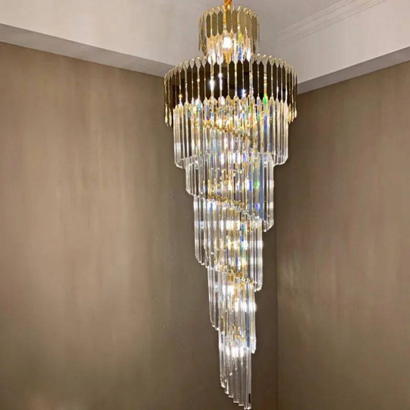 

Long Crystal Staircase Gold Chandelier Modern Crystal Led Lustre Luxury Villa Hotel Hall Living Room Large Chandelier Home Decor