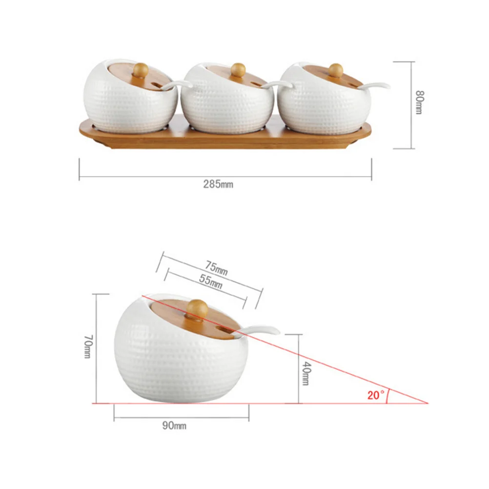 

Set of 3 Porcelain Ceramic Spice Jars Bamboo Lids Removable Wooden Tray Kitchen Condiment Jars with Spoons Salt Sugar Storage