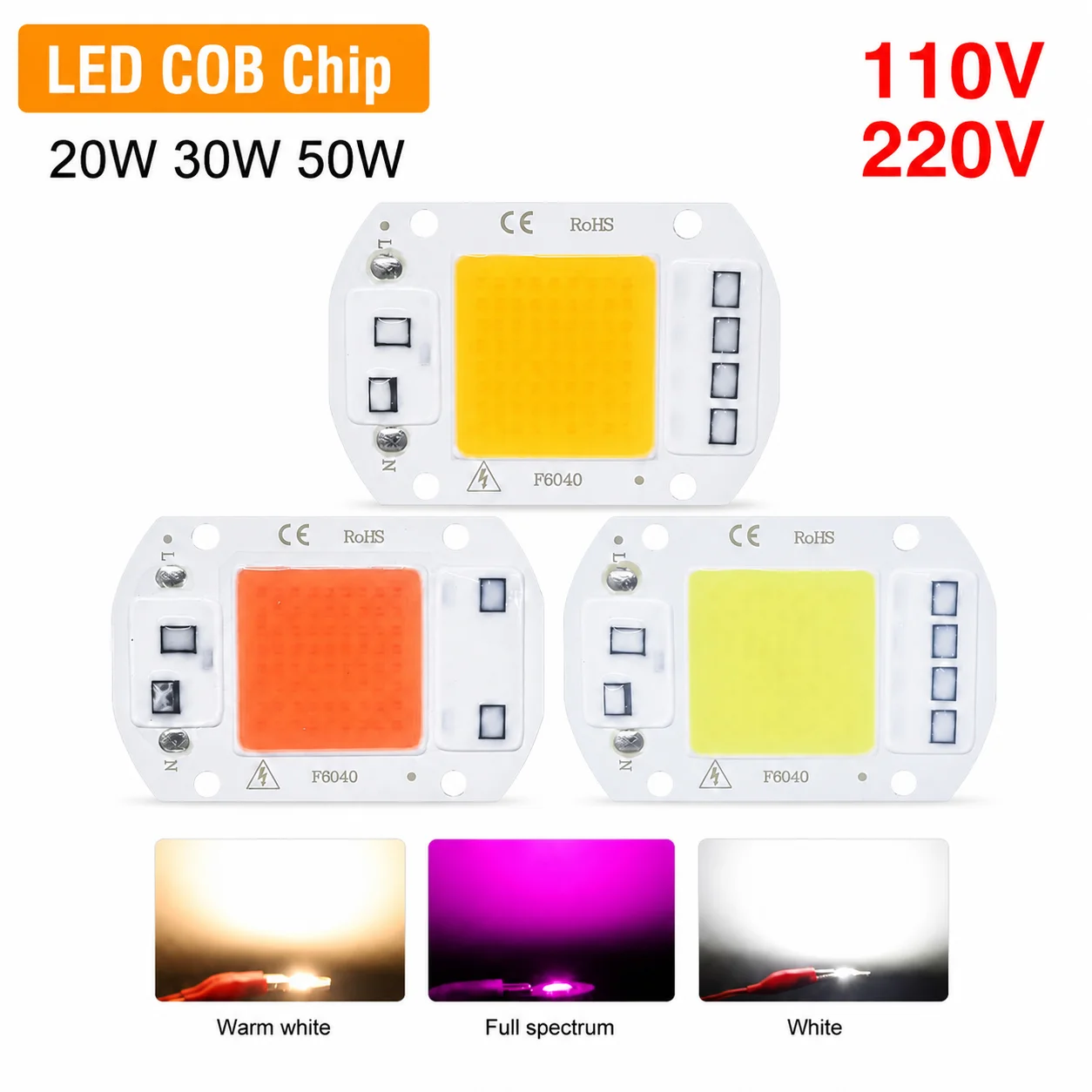 AC110V 220V LED COB Chip 20W 30W 50W Driver‑free Full Spectrum Warm White White for Plant Grow Light DIY Flood Lamp Beads