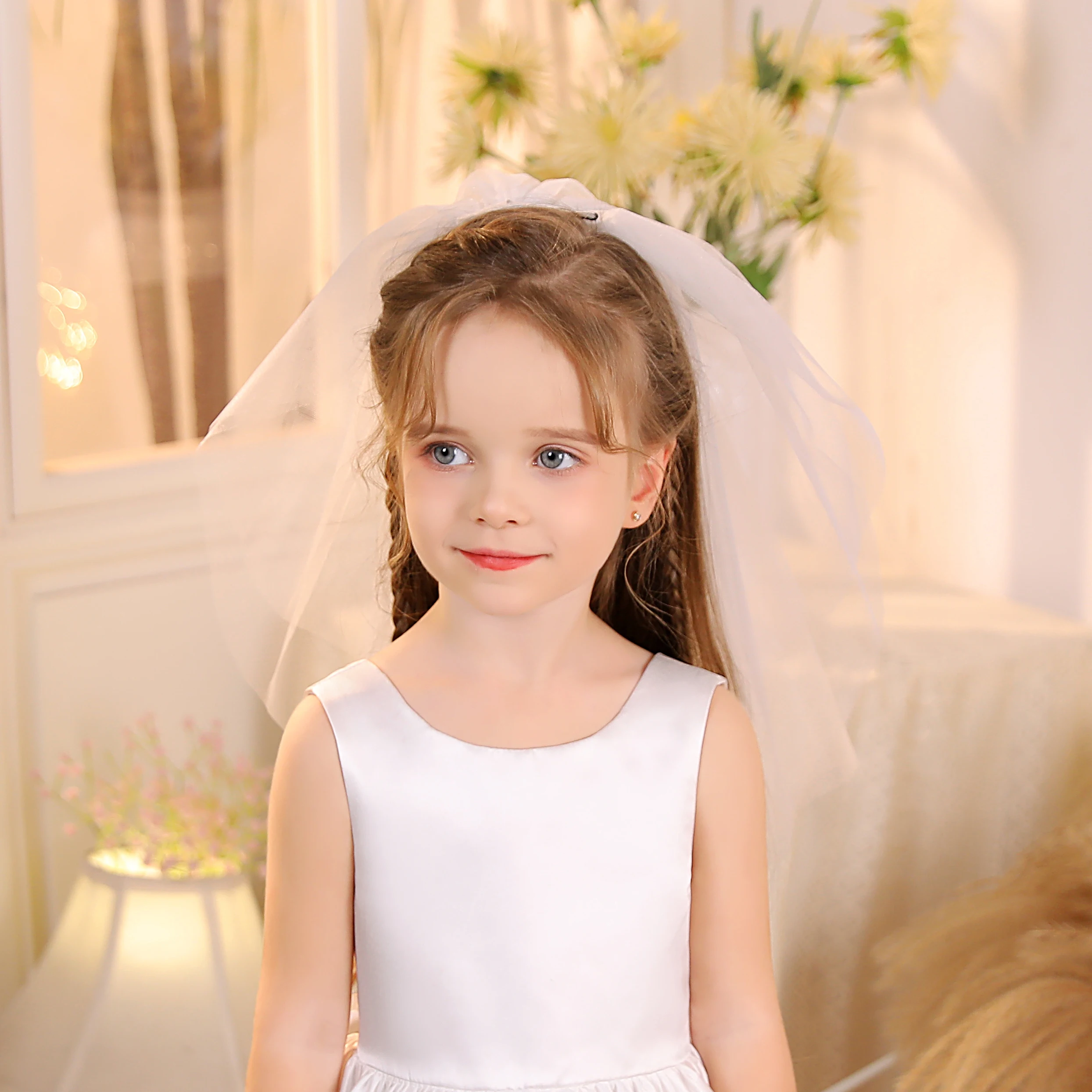 Gidion Cut Edge Two Tier Tulle Wedding Veil With Comb For Kids Wedding Ceremony Photography Flower Girl Or Junior Bridesmaid