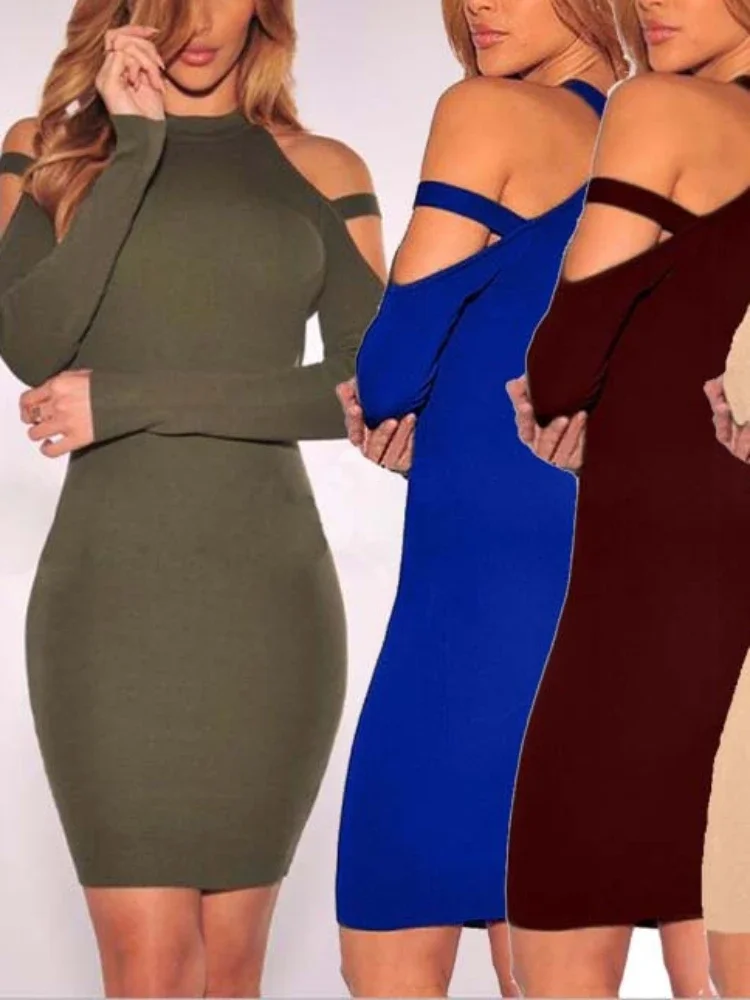 

Sexy Off Shoulder Elastic Slim Bodycon Dress Women Office Lady Long Sleeved Solid Color Skinny Dress Evening Club Party