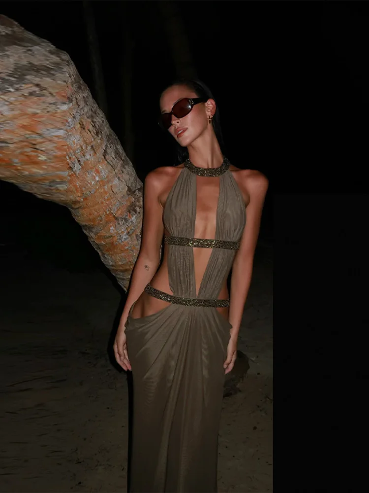 セクシーなパッチワークスパンコールマキシホルタードレス、深いVネック、バックレスロングローブ、ホローアウトパーティードレス、2025年新作レディースドレス