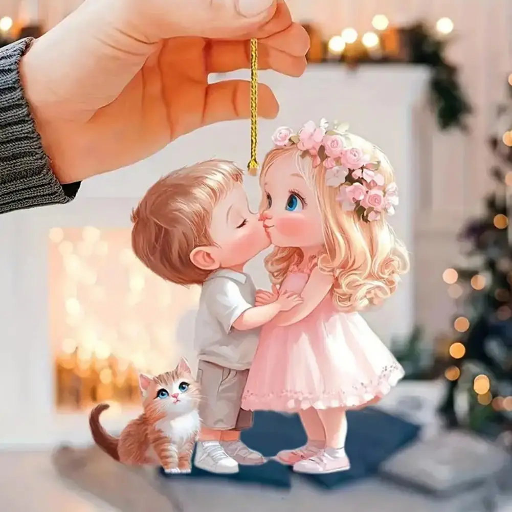 2D Acrylic Couple Lover Pendant Boy Girl Kiss Hanging Pendant Keychain Car Interior Decoration Backpack Charm Creative Gift