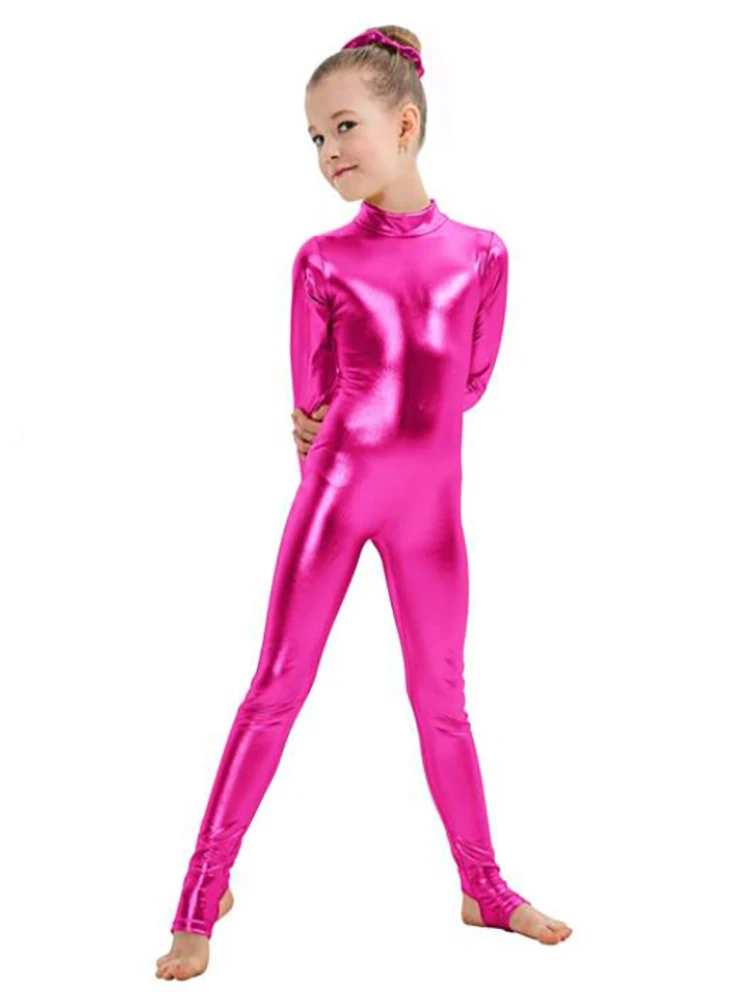 SPEERISE Kids Long Sleeve Metallic Unitards Stirrups Dance Gymnastics Leotards Girls Shiny Dancewear Stage Performance Show Suit