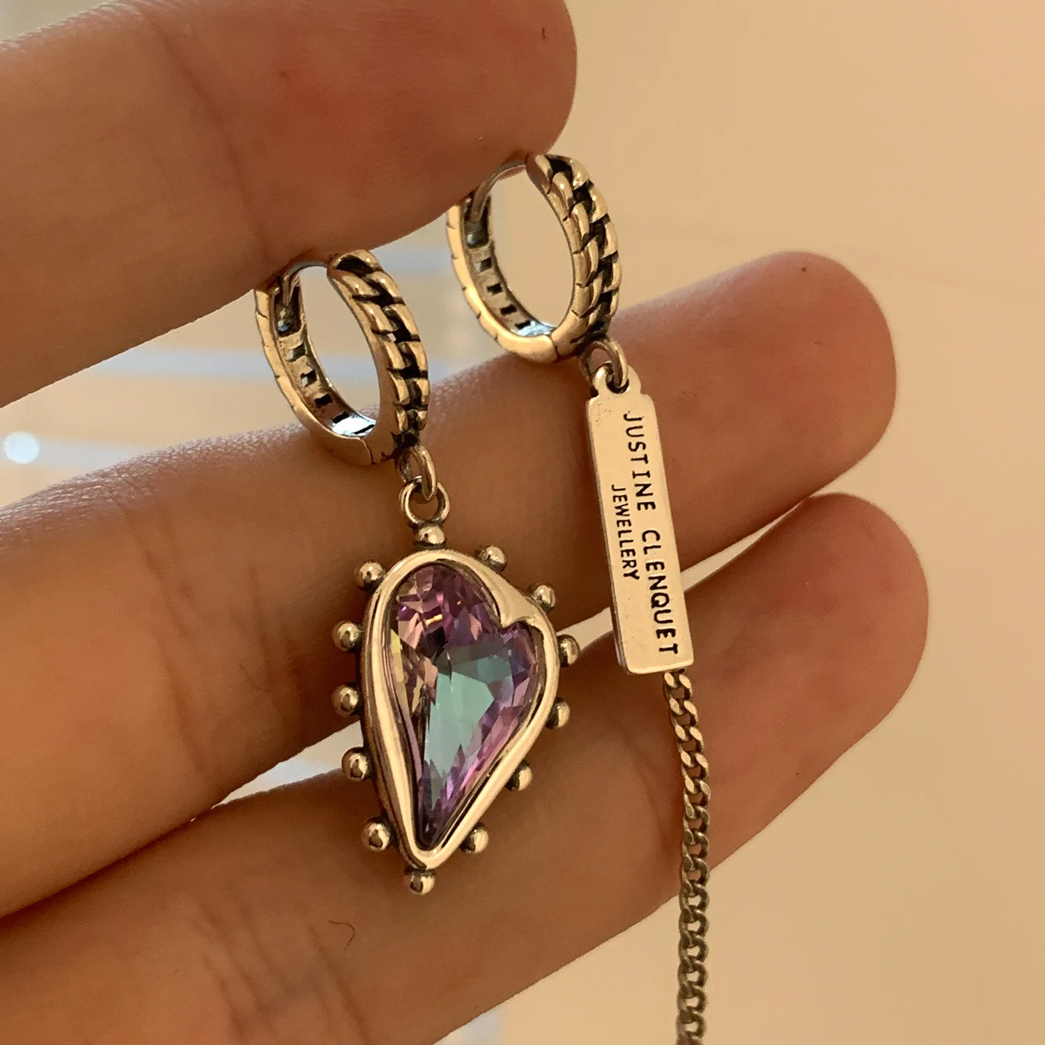 تصميم فريد من نوعه خمر عدم التماثل الحب القلب الأرجواني كريستال 925 الفضة إبرة السيدات شرابة وأقراط مجوهرات مكافحة الحساسية