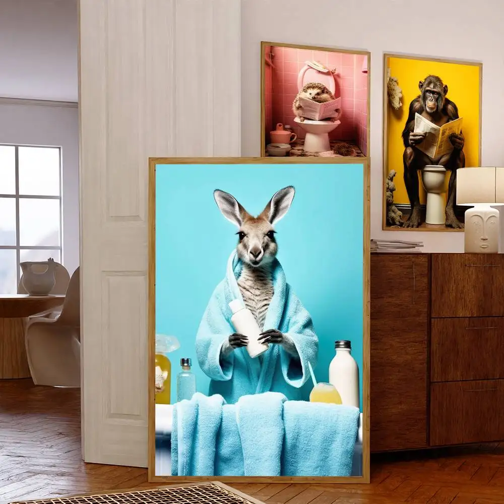 

Funny Animal Reading Newspaper on Toilet Poster Retro Kraft Paper Sticker DIY Room Bar Cafe Vintage Decorative Painting