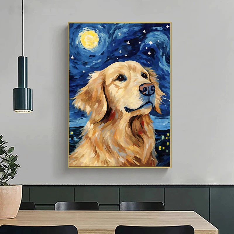 Dog and Van Gogh's Star Poster Wall Art Golden Retriever Koki Doberman Pinscher Dachshund Canvas Painting for Living Room Decor