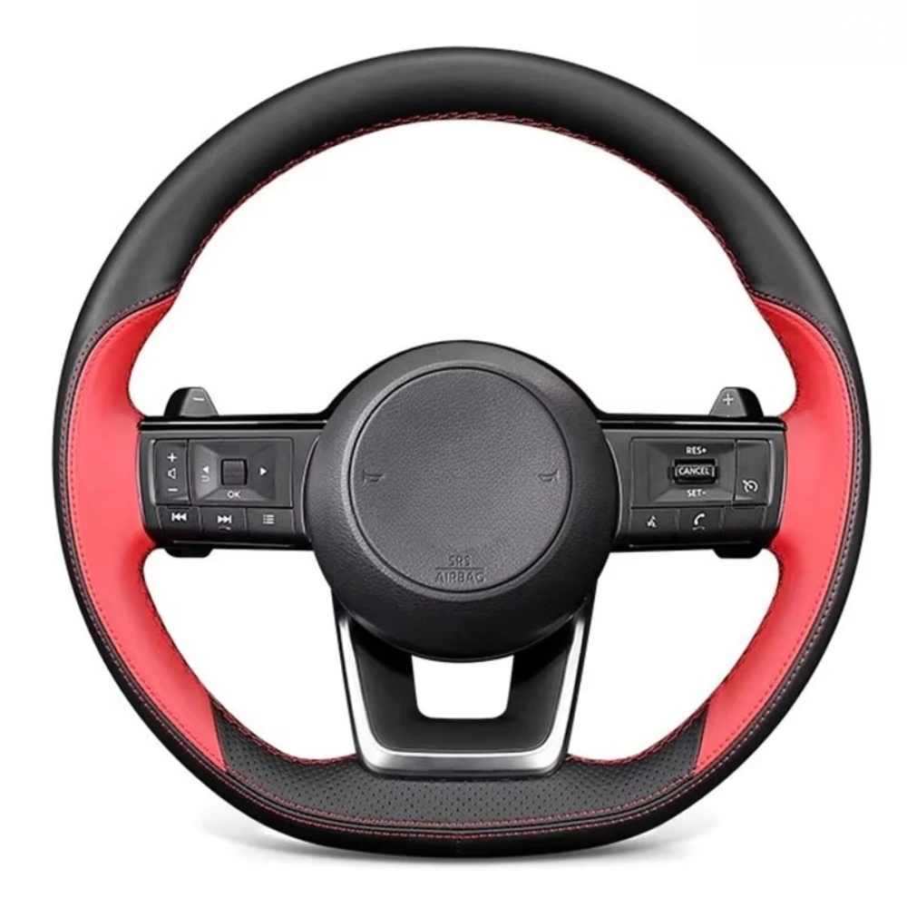 

Hand Stitched Black Red genuine Leather Car Steering Wheel Cover For Nissan Qashqai J11 J10 2023 Pathfinder 2024 2025 parts