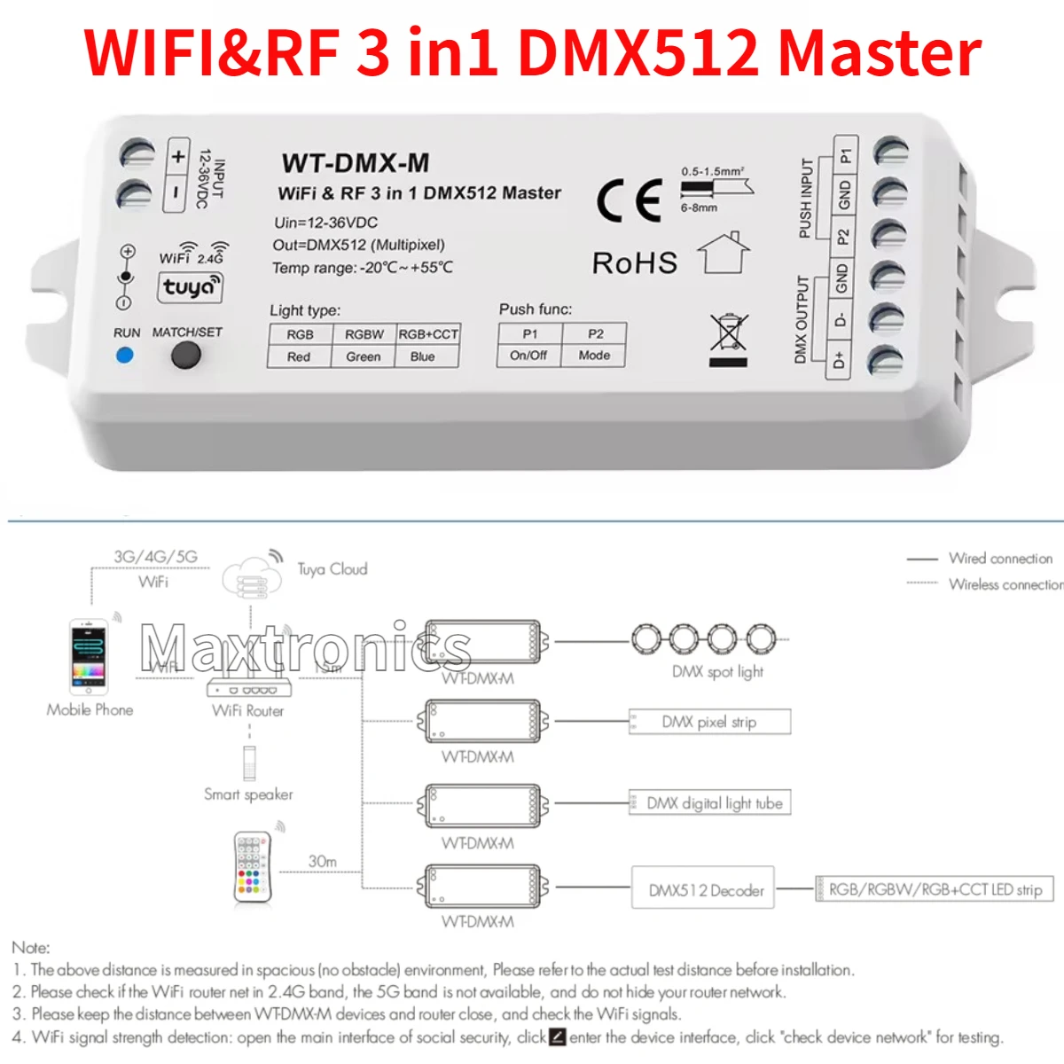 

DC12-36V WiFi & RF 3 in 1 RGB/RGBW/RGB+CCT DMX512 Master Controller WT-DMX-M Tuya APP Voice Control for DMX512 Led Strip Lights