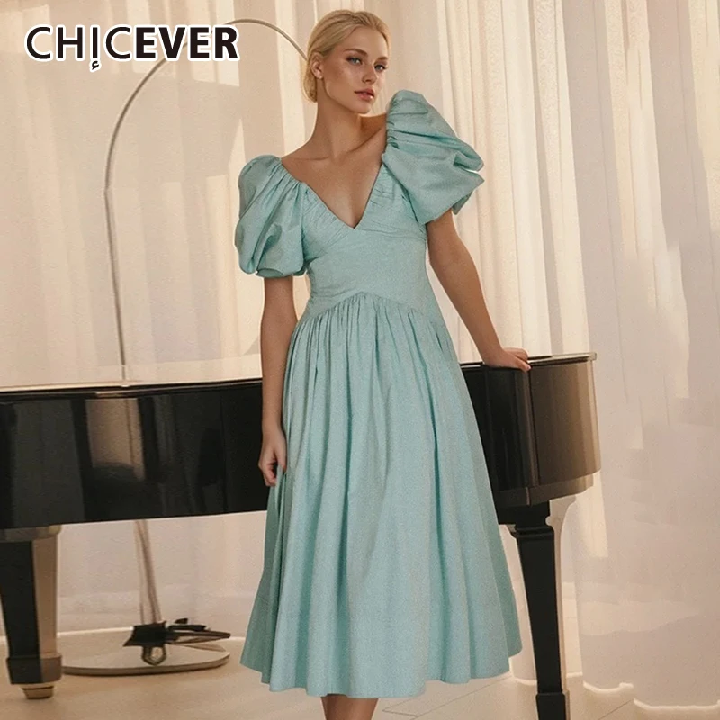 

CHICEVER Spliced Folds Midi Dresses For Women V Neck Puff Sleeve High Waist Patchwork Zipper Elegant A Line Dress Female Summer