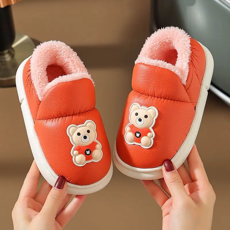 

Winter Kids Cartoon Slippers Thickened Waterproof Warm Leather Indoor Slippers for Children Girls Cotton Shoes