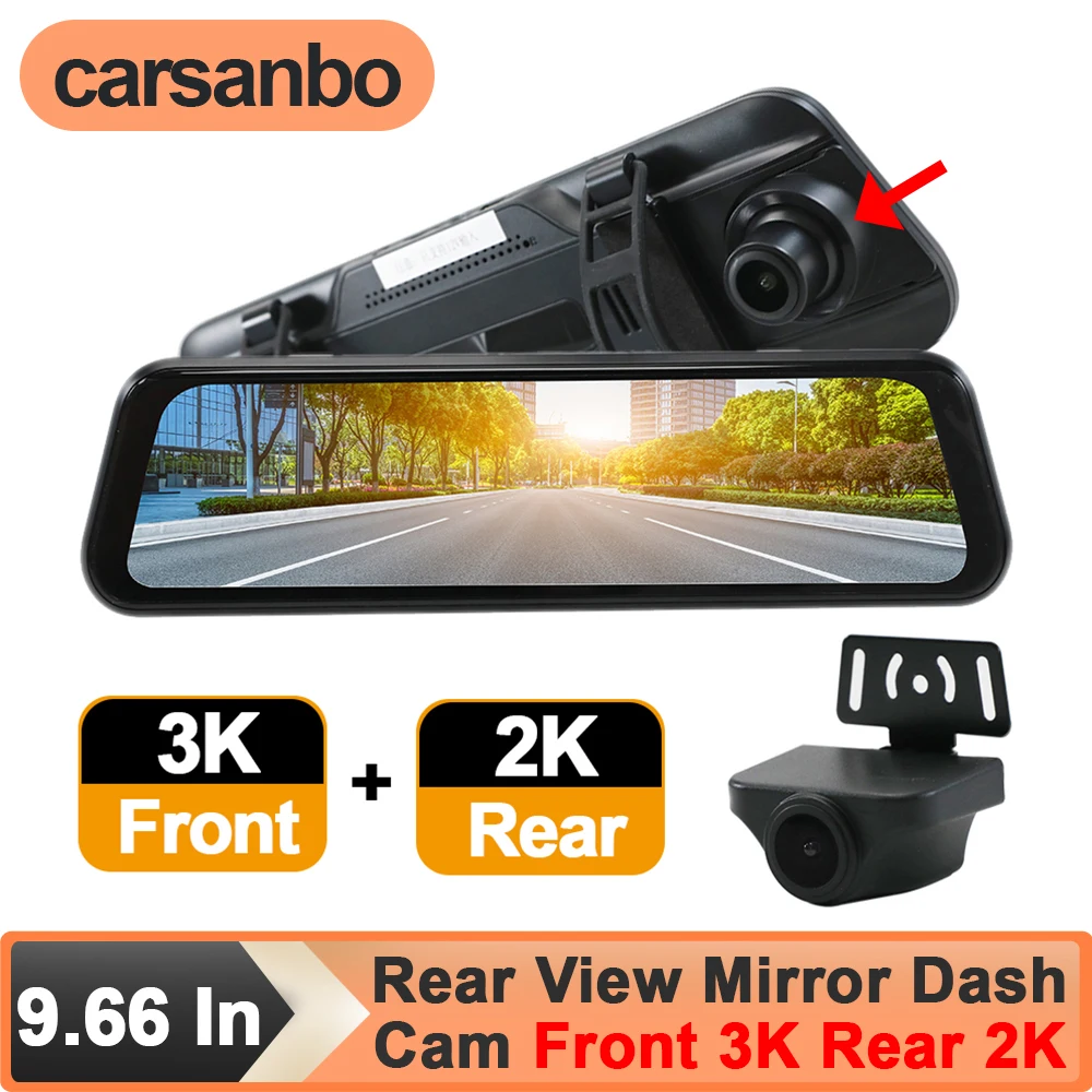 

Carsanbo HD 9.66 Inch Car Monitor Rear View Mirror Dach Cam with Recorder Function Touch Screen 3K Front + 2K Rear Dual Cameras
