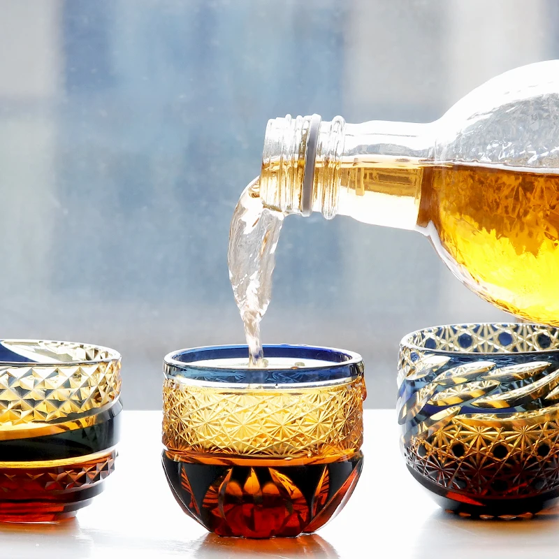 

60ml Hand Carved Amber Blue Sake Cup Japanese Sake Glass Wine Cup Gift for Home Bar