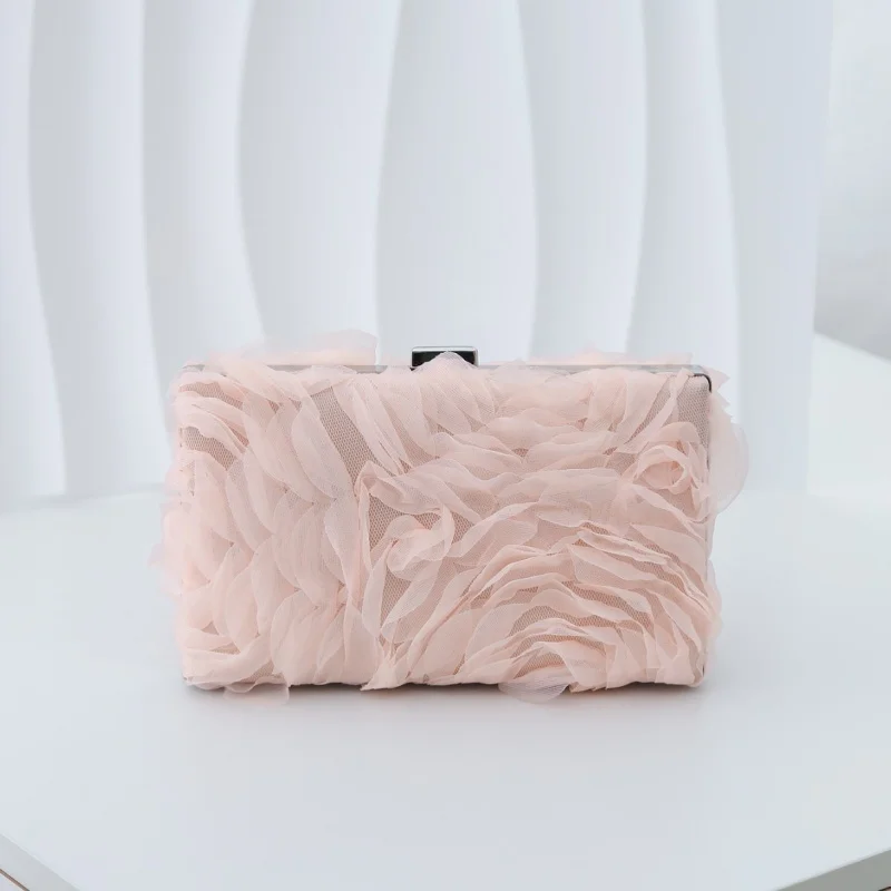 Pink 3D Rose Tulle Evening Bag Floral Mesh Petal Hard Case Bridal Wedding Clutch Cocktail Party Square Purse Detachable Strap view 4