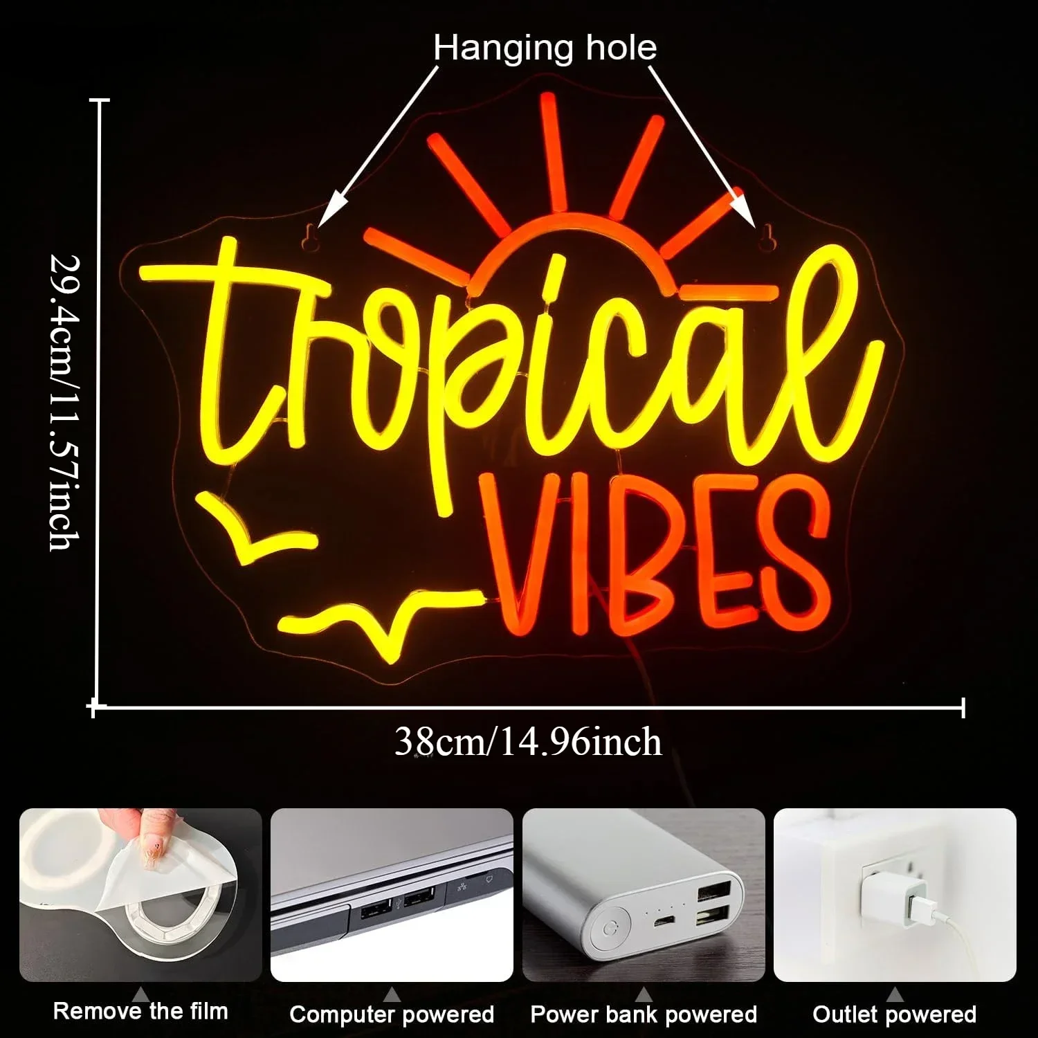 Tropical VIBES Neon Sign USB Dimmable LED Neon Light Sign for Drink Bar Man Cave Bedroom Hotel Shop Game Room Party Wall Decor